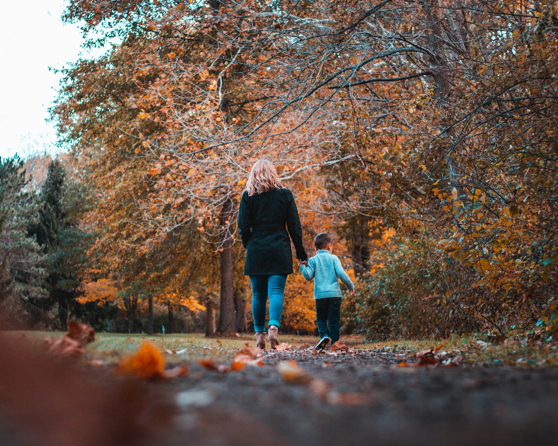 Parent and child walking in woods during autumn