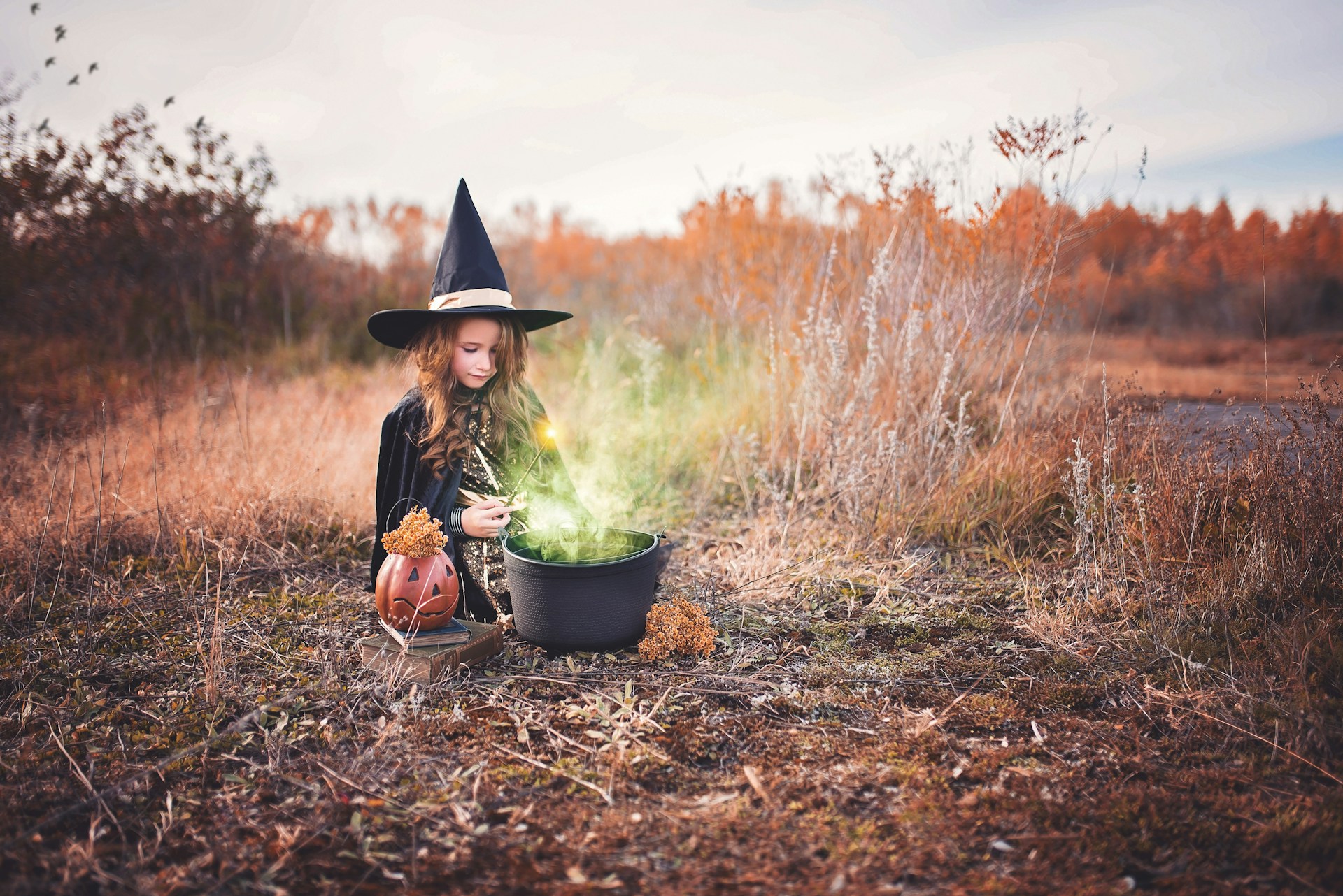 Girl dressed as witch with cauldron