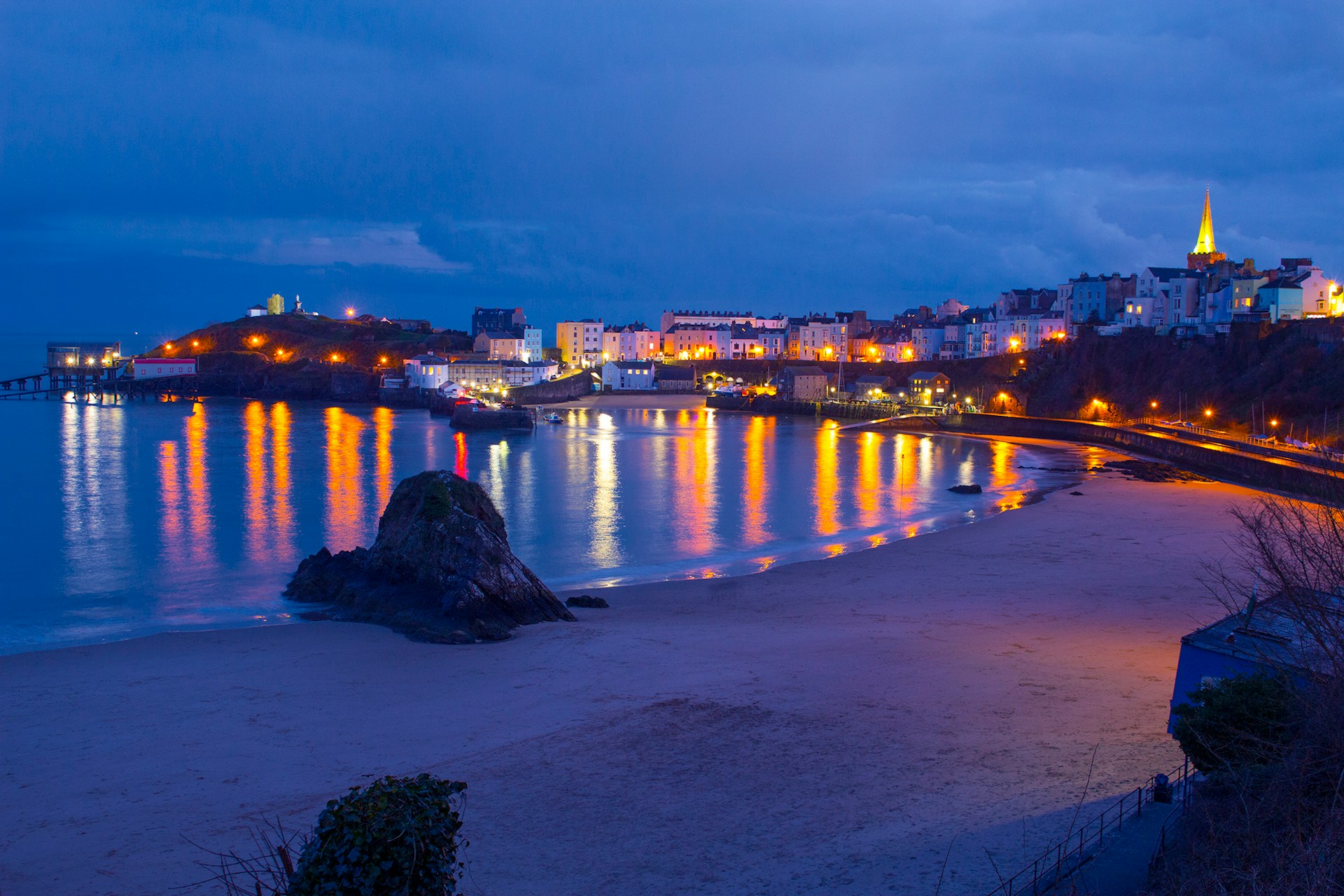 Tenby coast and town at night